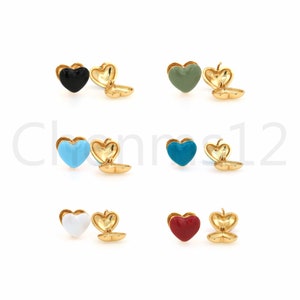 Eenvoudige hart oorbellen, 18K goud gevulde doorboorde emaille oorbellen, hart emaille oorbellen, ronde oorbellen, emaille charme, 13x14x13.5mm
