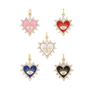 Heart Eye Pendant, 18K Gold Filled Heart Necklace,Micropavé CZ Evil Eye Pendant,Love Charm, Enamel Charm, DIY Jewelry Supplies,24x18x2.5mm