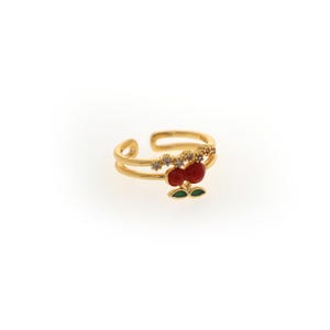 18K gold filled open ring, geëmailleerde kersenring, fruitring, verstelbare ring, kersenhouten bedel, stapelbare ringen, cadeaus voor haar