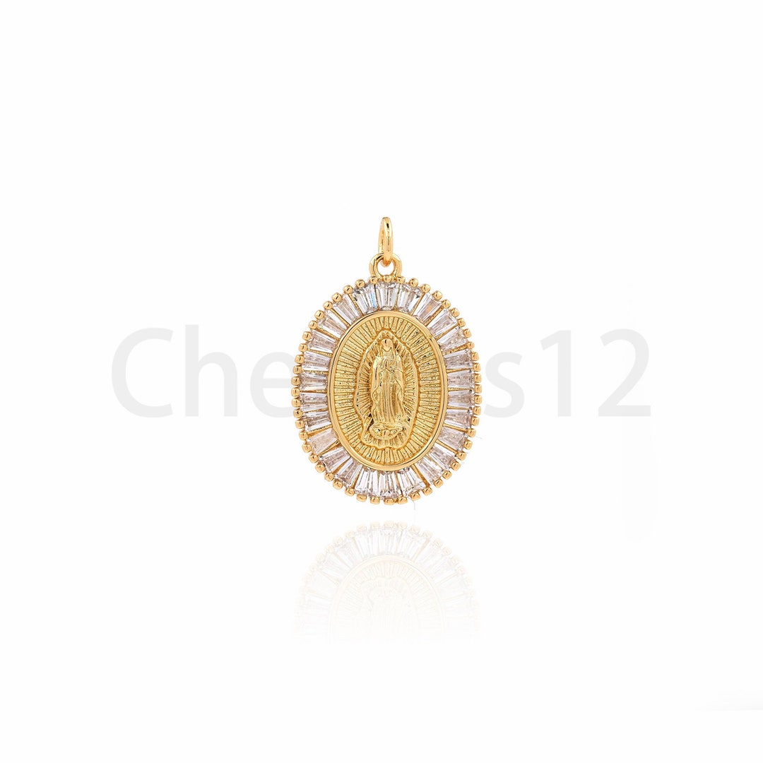 Oval Pendant, 18K Gold Filled Virgin Mary Charm, Micropavé CZ Virgin ...