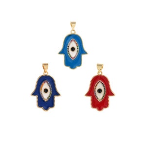 Micropavé CZ Hand Pendant, Hamsa Pendant, 18K Gold Filled Enamel Charm, Evil Eye Necklace, DIY Jewelry Supplies, 32.5x21x2.5mm