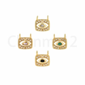May include: Four gold evil eye pendants with different colored stones. The pendants are square shaped with a detailed design and have a small loop at the top for attaching to a chain.