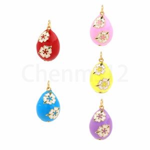 Flower Egg Pendant, Egg Charm, 18K Gold Filled Enamel Charm, Flower Necklace, Flower Charm,Egg Pendant, DIY Jewelry Supplies, 25x14.5x14.5mm