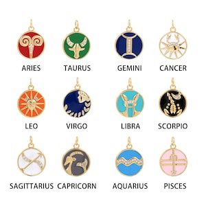 Wisiorek ze znakiem zodiaku wypełniony 18-karatowym złotem, zawieszki ze znakiem zodiaku, wisiorki ze znakami zodiaku, okrągły wisiorek ze znakiem zodiaku do samodzielnego wyrobu biżuterii, 21,5 x 15,5 x 1,5 mm