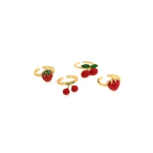 18 kt gold filled open ring, emaille aardbeiring, fruitring, verstelbare ring, aardbeibedel, stapelbare ringen, cadeaus voor haar