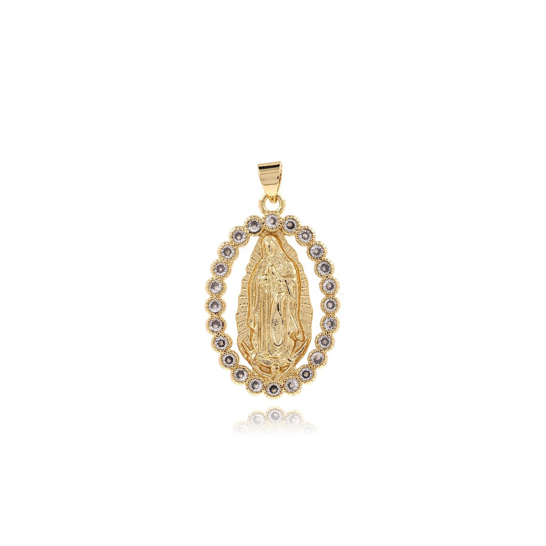 Micropavé CZ Virgin Necklace, 18K Gold Filled Virgin Mary Charm, Oval ...