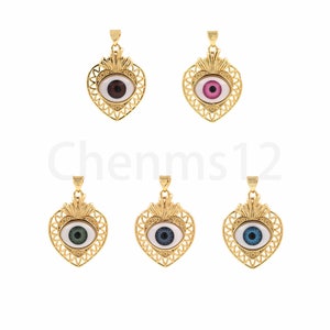 Evil Eye Charm, Micropavé CZ Heart Necklace, 18K Gold Filled Eye Pendant, Heart Pendant,Eye Charm,DIY Jewelry Making Supplies,34x7.2x22.3mm