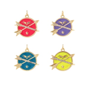 Micropavé CZ Round Charm, 18K Gold Filled Archery Pendant, Good Luck Charm, Arrow Necklace, DIY Jewelry Supplies, 23.5x24.5x2.5mm