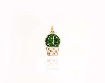 Pingente de flor de cacto com enchimento de ouro 18K, pingente de deserto esmaltado, pingente de cacto, colar de planta, pingente de planta, suprimentos para joias faça você mesmo, 17 x 9 x 1,7 mm