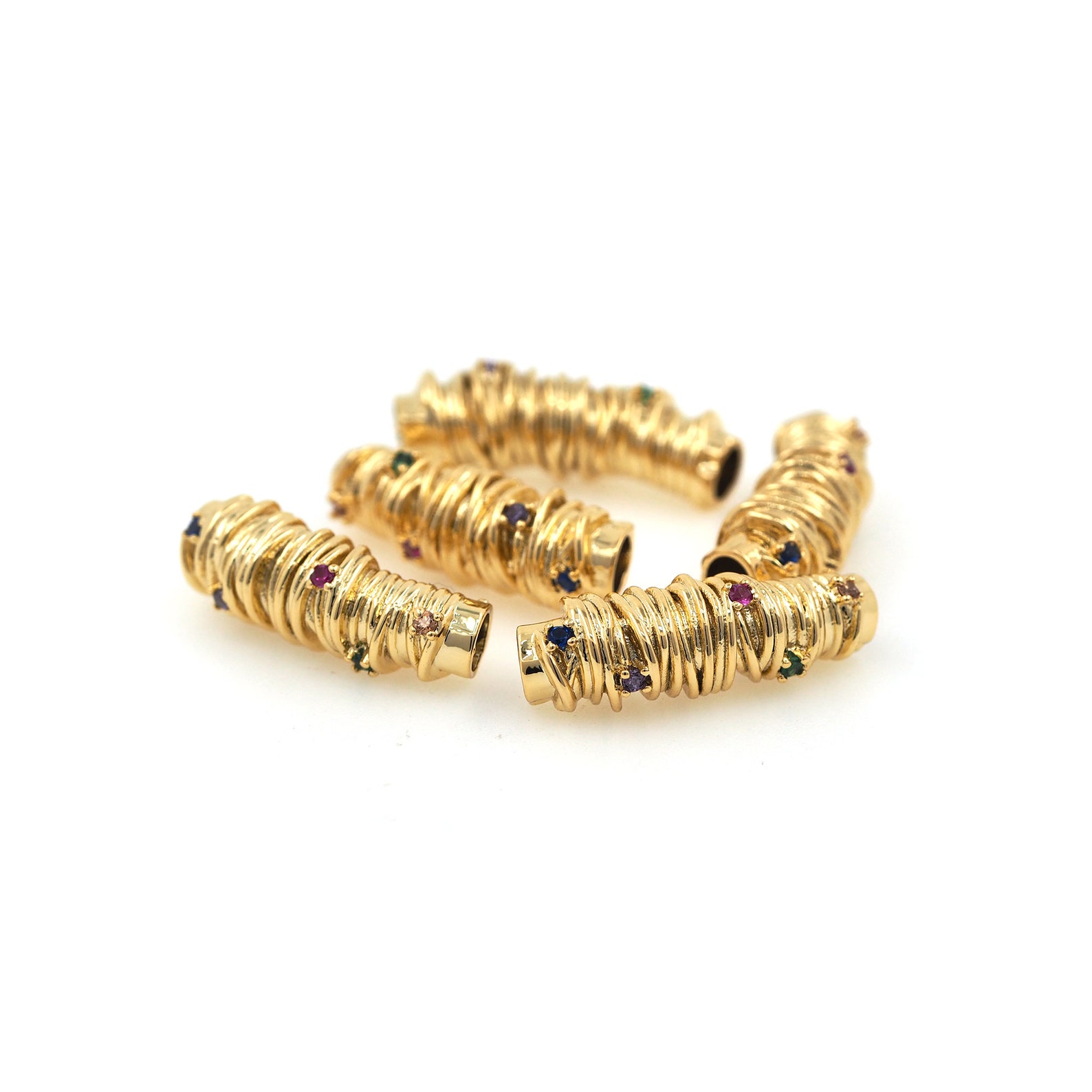 Brass Beads, Threaded Hammered Tube Beads, 18K Gold Filled Twist Spacer ...