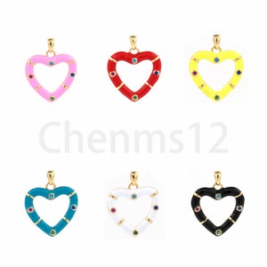 Enamel Heart Pendant, 18K Gold Filled Heart Charm, Micropavé CZ Enamel Necklace, Gift for Her, DIY Jewelry Making Accessory, 25x20.5x2mm