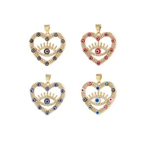 マイクロパヴェ CZ イーブルアイペンダント、ハートアイペンダント、18K ゴールドフィルドハートネックレス、ラブチャーム、エナメルチャーム、DIY ジュエリー用品、25.5x23x5mm