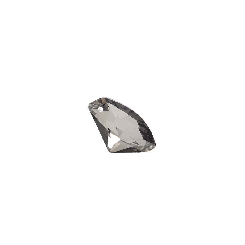 May include: A clear crystal teardrop pendant with a faceted design. The pendant has a small hole at the top for hanging.