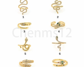 Micropavé CZ Snake Charm, 18K Gold Filled Adjustable Ring, Snake Ring, Reptile Ring, Statement Ring, Open Ring
