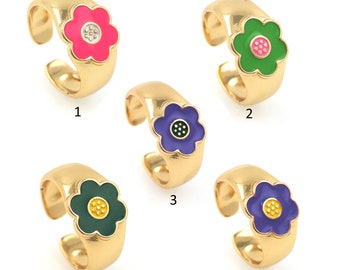 Enamel Flower Ring, 18K Gold Filled Plant Ring, Open Ring, Enamel Ring, Statement Ring, Adjustable Ring,DIY Jewelry Making Supplies