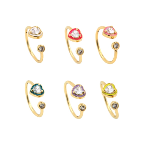 18K Gold Filled Love Rings,Double Head Zircon Rings,Enamel Heart Rings, Split Rings,Enamel Rings,Love Rings,Adjustable Rings,Gift for Her