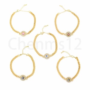 Micro Pave CZ Curb Chain Bracelet,Circular Connector Bracelet,18K Gold Filled Enamel Bracelet,Evil Eye Bracelet,Enamel Charm,Gift For Friend