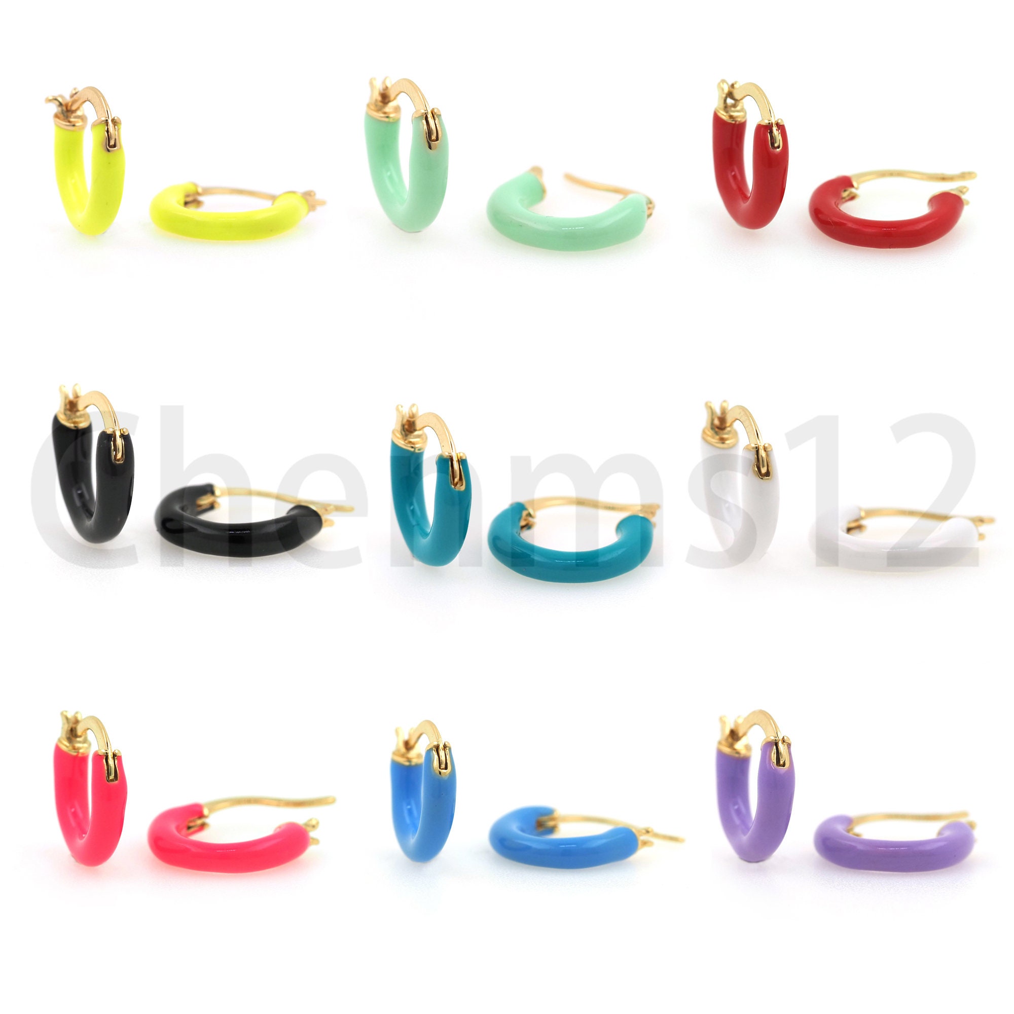 Neon Enamel Hoop Earrings, Round Solid Earrings, 18K Gold Filled Colored Earrings, Pierced Earrings, Multicolor Small Earrings, 12x13x3mm