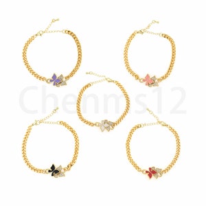 Bracelet papillon, Bracelet en émail, Bracelet chaîne gourmette Micro Pave CZ, Bracelet insecte rempli d'or 18 carats, Bracelet en or, Cadeau pour un ami,