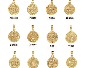 Pingente do Zodíaco, pingente do Zodíaco em ouro 18K, pingente dos signos do Zodíaco, pingente redondo do Zodíaco, pingente de disco de moeda, suprimentos para joias faça você mesmo, 38*29,6*2,1 mm