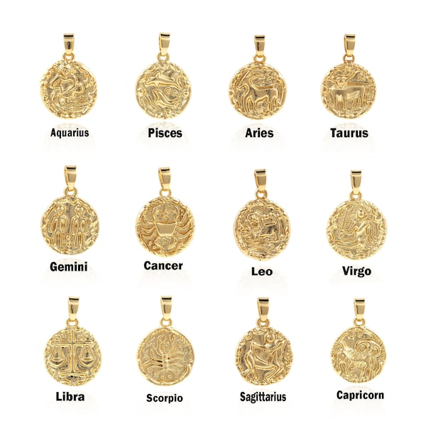 Zodiac Charm, 18K Gold Filled Zodiac Pendant, Zodiac Signs Pendant,Round Zodiac Pendant,Coin Disc Pendant,DIY Jewelry Supplies,38*29.6*2.1mm