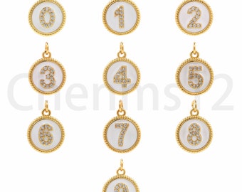 18K Gold Filled Number Pendant, Enamel Round Pendant, Arabic Numeral Charm, Micropavé CZ Number Pendant, DIY Jewelry Supplies, 16.5x12x2mm