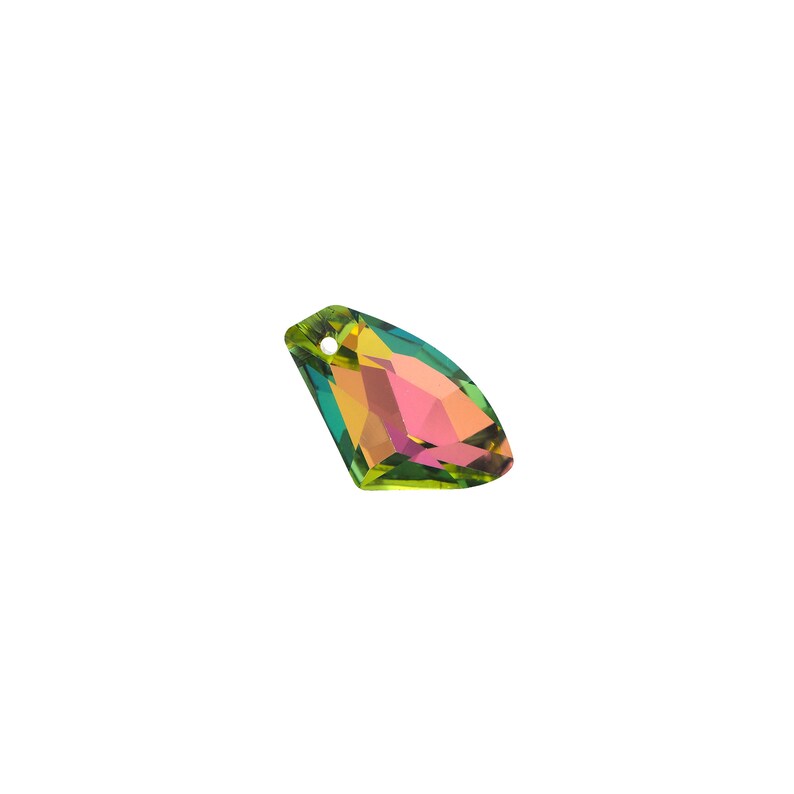 May include: A green, iridescent crystal pendant with a hole at the top for hanging.