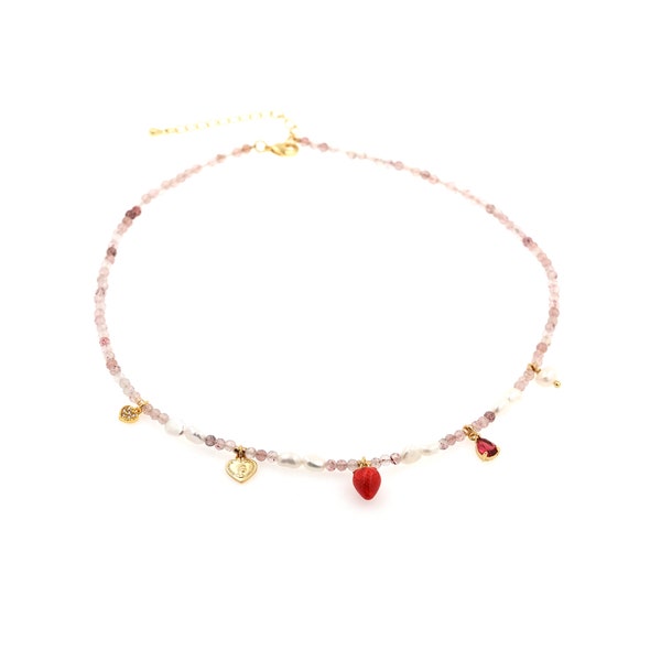 Fruit Pearl Necklace, 18K Gold Filled Beaded Necklace,Strawberry Necklace Fashion Necklace,Real Freshwater Pearl, 40cm