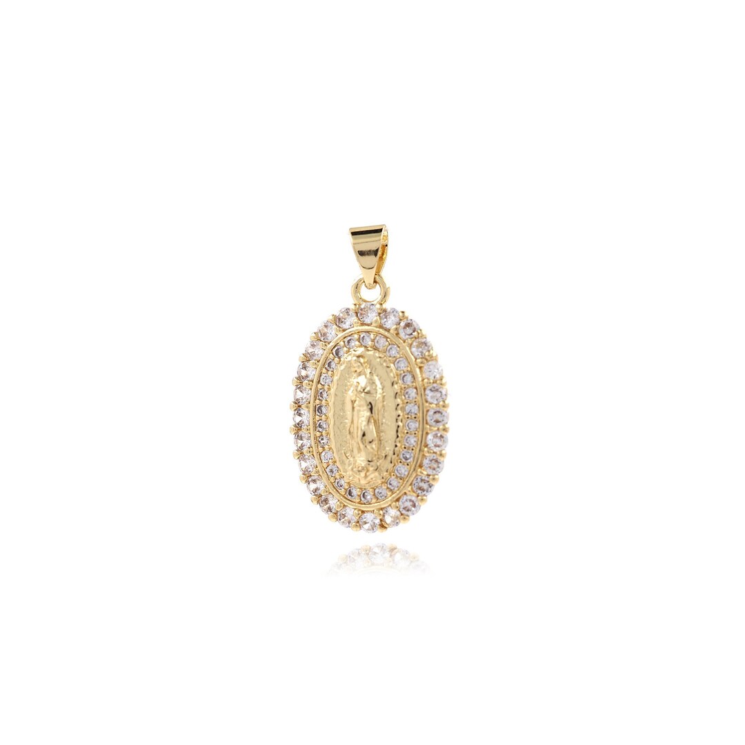 Micropavé CZ Virgin Necklace, 18K Gold Filled Virgin Mary Charm, Oval ...