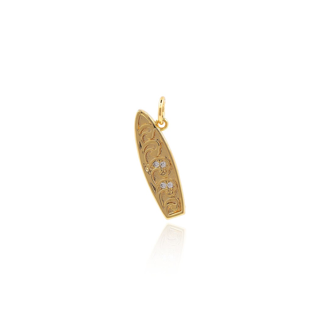 Surfboard Pendant, 18K Gold Filled Surfboard Charm, Micro Pave CZ