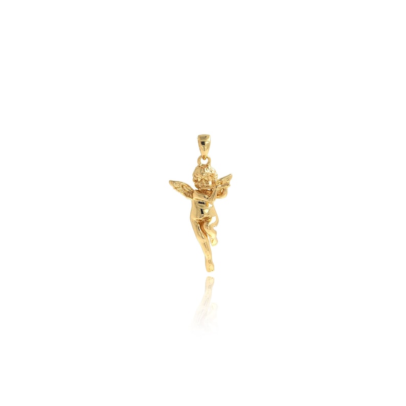 May include: A gold-colored cherub pendant with wings outstretched. The cherub is holding a ribbon in its hands.