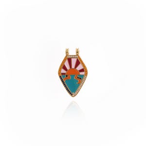 May include: Gold-tone pendant with a colorful enamel design. The pendant features a stylized sunrise over a turquoise sea, with red, pink, orange, and blue accents. The pendant is diamond-shaped and has a small loop at the top for a chain.