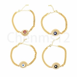 Micropavé CZ Eye Bracelet, Enamel Eye Bracelet,Friendship Bracelet, 18K Gold Filled Evil Eye Bracelet, Curb Chain Bracelet, Gift For Her