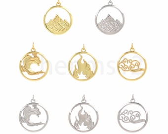 Round Pendant, Element Charm, 18K Gold Filled Earth Element Charm, Wave Necklace,Fire Pendant,Cloud Pendant, DIY Jewelry Supplies, 25x30x2mm