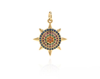 Ciondolo Sole Rotondo Riempito Oro 18K, Gioielli Sole, Ciondolo Sole, Ciondolo Sunburst, Collana Sole Micropavé CZ, Forniture per la creazione di gioielli fai-da-te, 23,3 * 18 * 3,8 mm