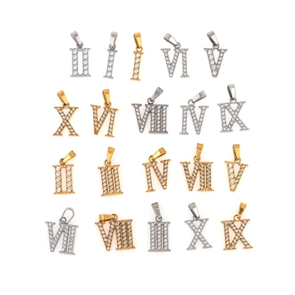 Breloques en chiffres romains Micropavé CZ, pendentif en chiffres romains remplis d'or 18K pour la fabrication de bijoux à bricoler soi-même, 17x8.5x2mm