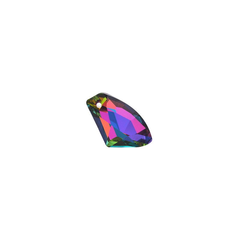 May include: A faceted iridescent crystal pendant with a hole at the top for hanging.