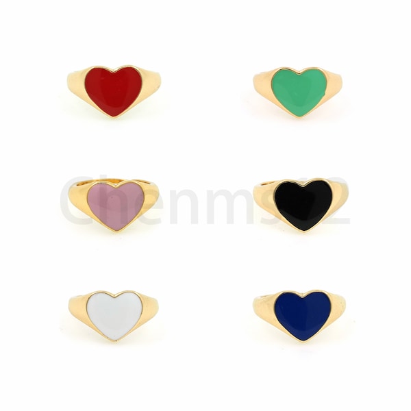 Heart Ring, Signet Ring, Gold Open Ring, 18K Gold Filled Enamel Ring,Adjustable Ring, Love Ring, Everyday Ring,Enamel Charm