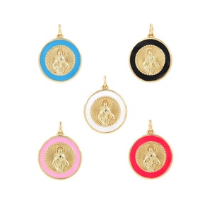 Catholic Charm, Figure Pendant, 18K Gold Filled Virgin Pendant, Enamel Charm, Religious Necklace, DIY Jewelry Supplies, 18x23x3mm