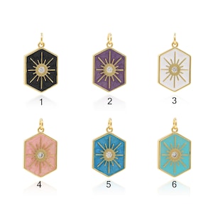 Enamel Sun Pendant,18K Gold Filled Hexagon Charm, Micropavé CZ Hexagon Necklace, Polaris Necklace, DIY Jewelry Making Supplies，25.5x15x2mm