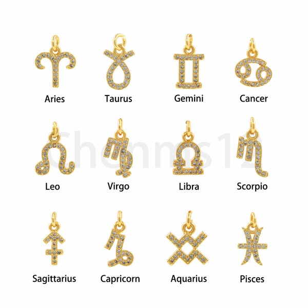 Zodiac Sign Charm, Micropavé CZ Sign Charm, Sagittarius Pendant, Leo Charm, 18K Gold Filled Horoscope Necklace, DIY Jewelry Supplies