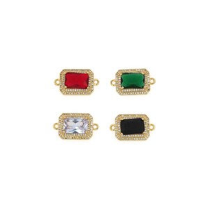 May include: Four gold-toned connector charms with a rectangular shape and a clear, faceted stone in the center. The stones are red, green, clear, and black.