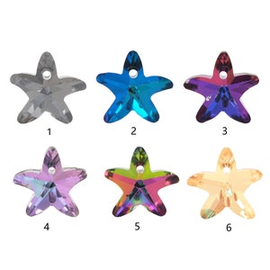 May include: Six different colored crystal starfish charms with a hole for hanging. The charms are in the colors clear, blue, purple, green, and yellow.