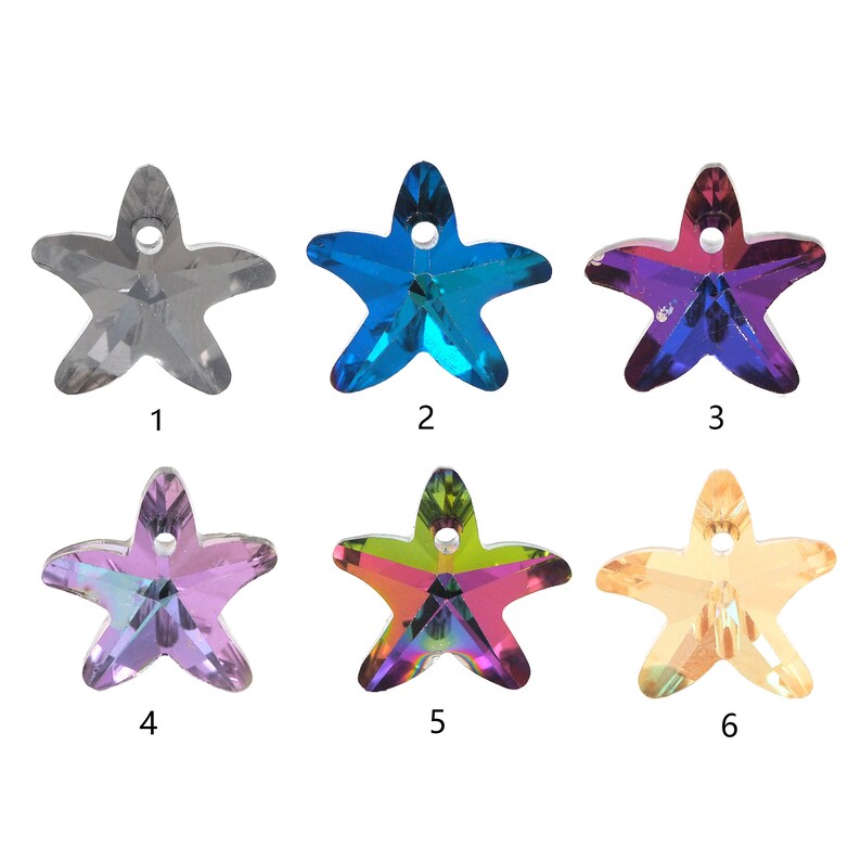 May include: Six different colored crystal starfish charms with a hole for hanging. The charms are in the colors clear, blue, purple, green, and yellow.