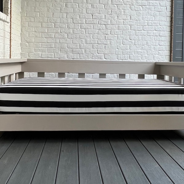 In Stock Quick Ship Sunbrella Twin Size Mattress Cover in Canvas Cabana Classic Awning Stripe Black & Natural Off White Striped