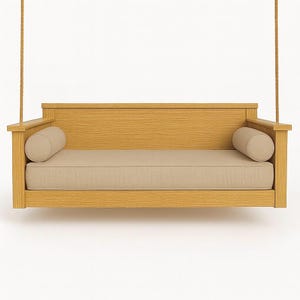 May include: A light brown wooden swing with a beige cushion and two cylindrical pillows. The swing is suspended by two ropes and has a rectangular backrest and armrests. The design is simple and modern, suitable for outdoor use.