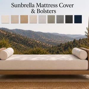 May include: A Sunbrella mattress cover and bolsters set featuring a rectangular off-white mattress cushion with two cylindrical bolsters on a wooden hanging daybed frame, accompanied by a color palette display of nine fabric swatches.