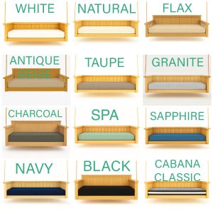 May include: Wooden porch swings in various colors, including white, natural, flax, antique beige, taupe, granite, charcoal, spa, sapphire, navy, black, and cabana classic. Each swing has a wooden frame and a cushioned seat. The text above each swing indicates the color.