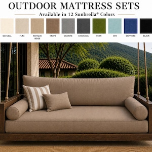 May include: An outdoor hanging daybed with a dark wood frame and thick taupe cushions. The set includes a long back cushion, a seat cushion, two cylindrical bolster pillows, and two square accent pillows, one solid and one with beige stripes.