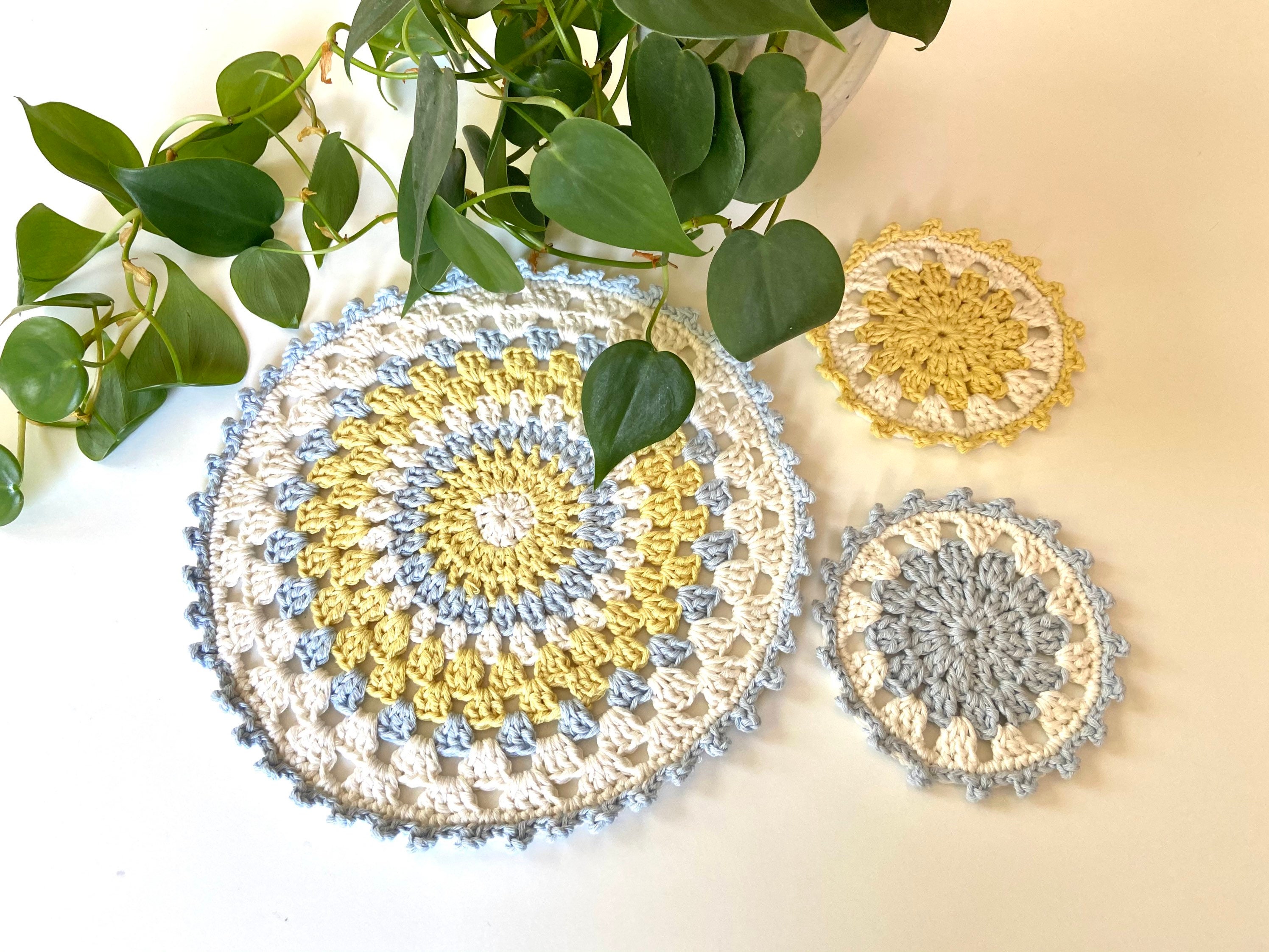Crochet Coaster Set Blue and Yellow Coasters Crochet Etsy